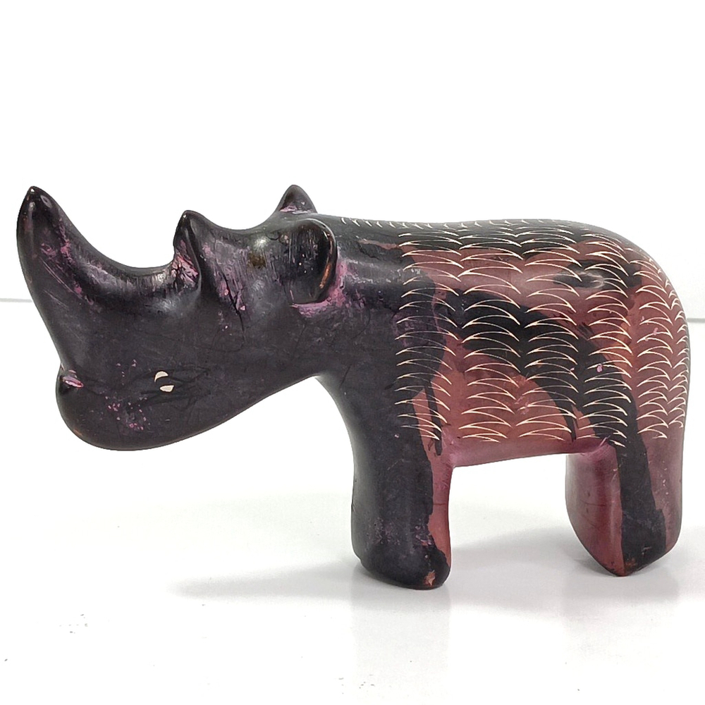 Vintage Carved And Engraved Black & Red Stone Rhino Paperweight Carving African